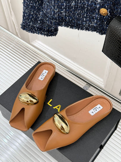 Alaia Slipper With Gold Hardware Brown Calfskin 293202