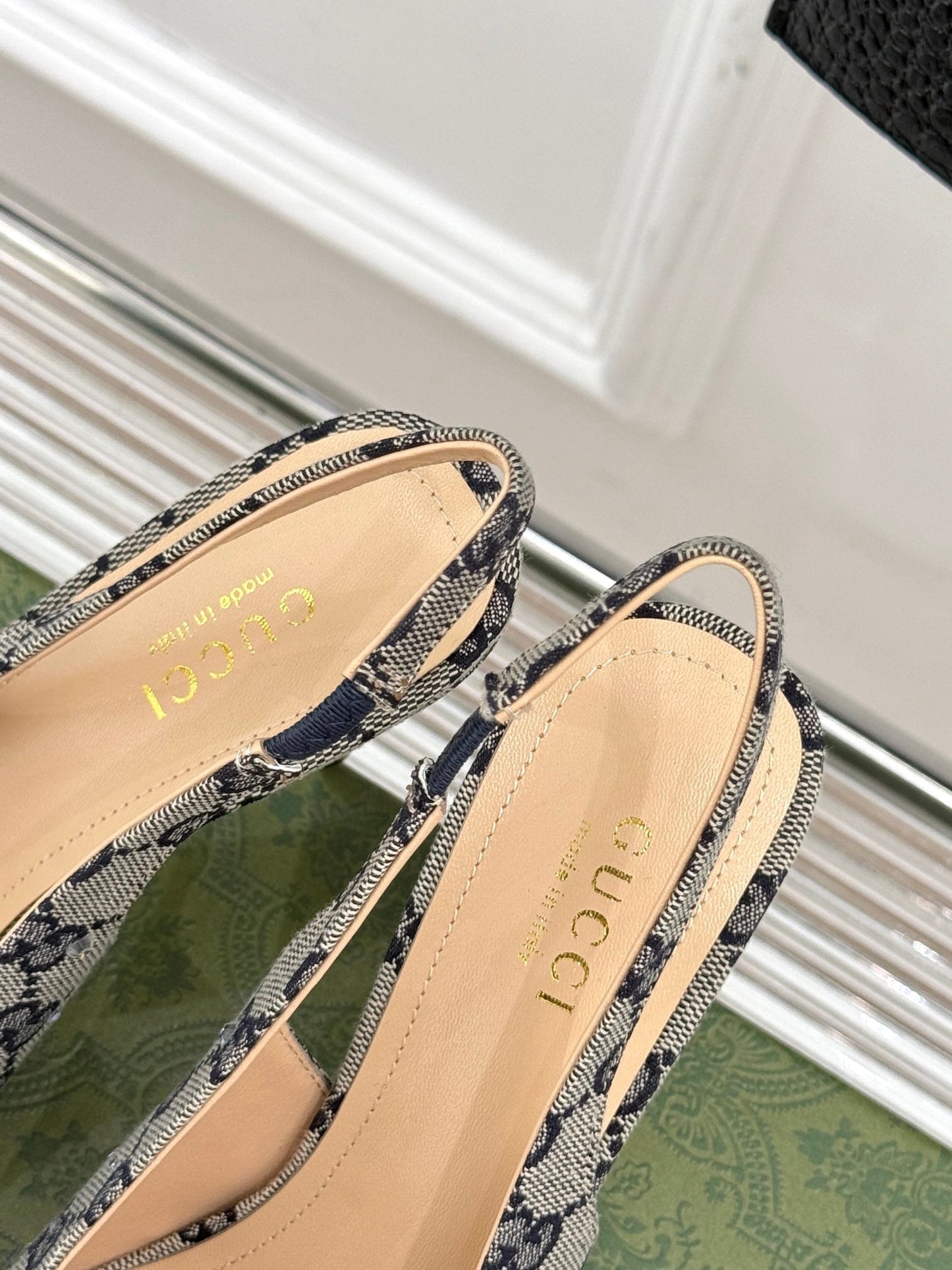 GG Horsebit Slingback 85MM Beige Black Monogram Canvas Point Toe Crystal-Embellished