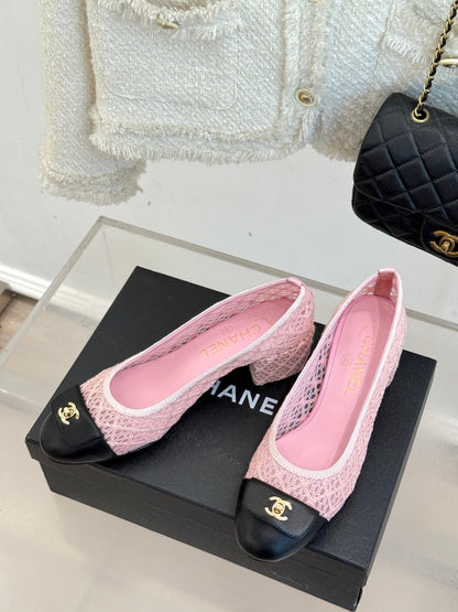 Chanel 25 Ballet Flat 50mm Pink Black Woven Lambskin 473052