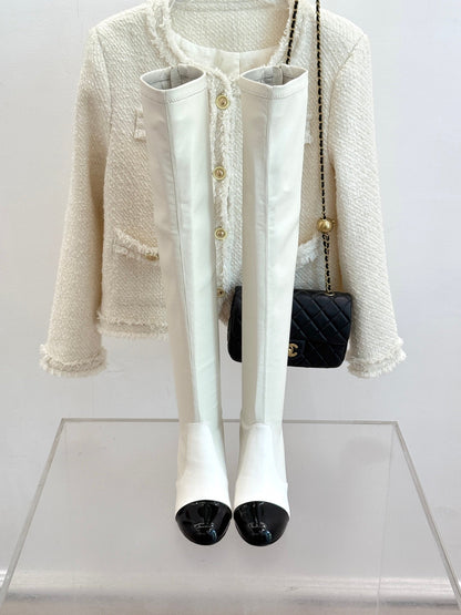 Chanel 25 Double C Giant Pearl Heel Long Boot White  Black Sheepskin 465412