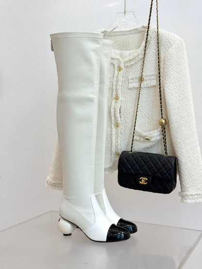 Chanel 25 Double C Giant Pearl Heel Long Boot White  Black Sheepskin 465412