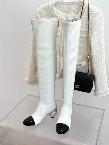 Chanel 25 Double C Giant Pearl Heel Long Boot White  Black Sheepskin 465412