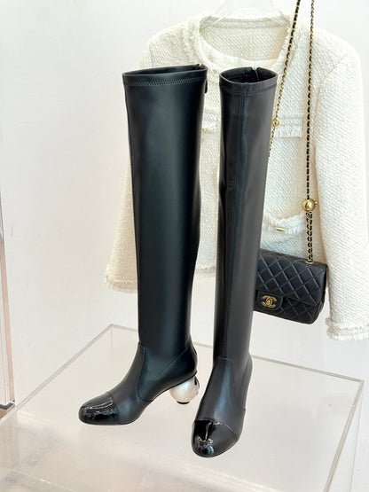 Chanel 25 Double C Giant Pearl Heel Long Boot Black White  Sheepskin 465413