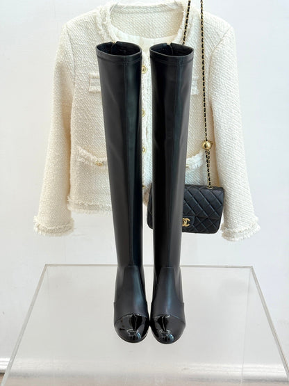 Chanel 25 Double C Giant Pearl Heel Long Boot Black White  Sheepskin 465413