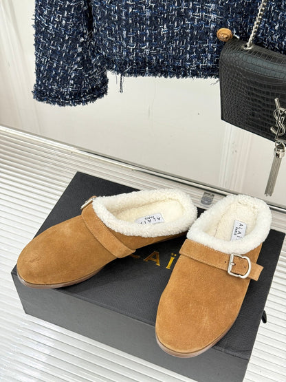 Alaia 25WF slippers belt buckle caramel brown suede wool 472229