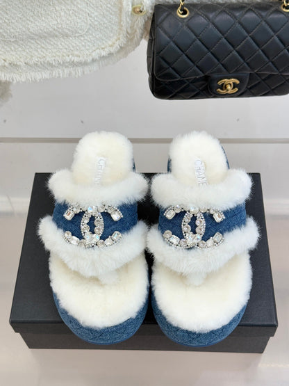 CC slipper double C rhinestone buckle white blue wool 512053