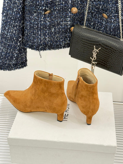 The Row 2025 Square Toe Kitten Heel Ankle Boot Camel Suede 572050