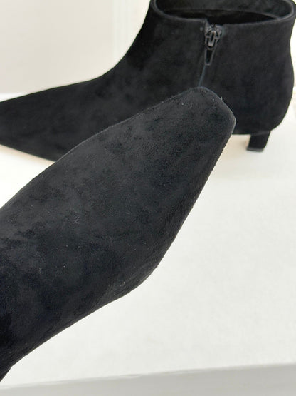 The Row 2025 Square Toe Kitten Heel Ankle Boot Black Suede 572051