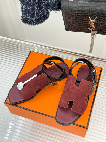 HM 26ss Flat Sandals Burgundy Suede Sheepskin 642797
