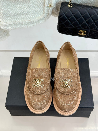 Chanel 2026 Double C High-Heeled Loafers Tweed Sheepskin 826098