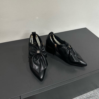 CC Pointed Toe High Heels Black Bow Tie Cowhide