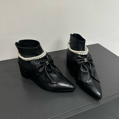 CC Ankle Boots Black Bow Tie Cowhide