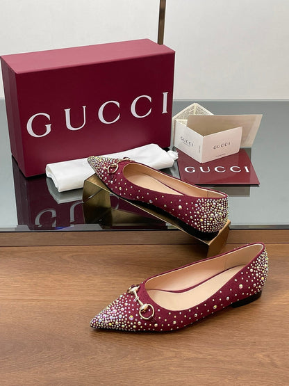 GG Horsebit Ballet Flat Red Ebony Monogram Canvas Crystal-Embellished