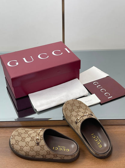 Gucci Horsebit Mule Camel And Dark Brown Canvas Leather