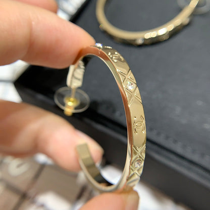 Chanel 2026 Full Diamond Double C Quilted Large Hoop Metal Earrings