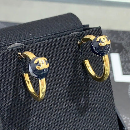 Chanel 2026 Navy Blue Enamel Ball Double C Hoop Earrings