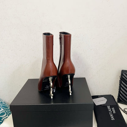 YSL 2025 Logo Metal Heel Ankle Boot Brown Cowhide 575004