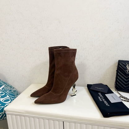 YSL 2025 Opyum 110mm Heel Ankle Boot Brown Suede 575010