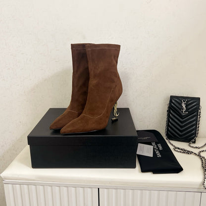 YSL 2025 Opyum 110mm Heel Ankle Boot Brown Suede 575010