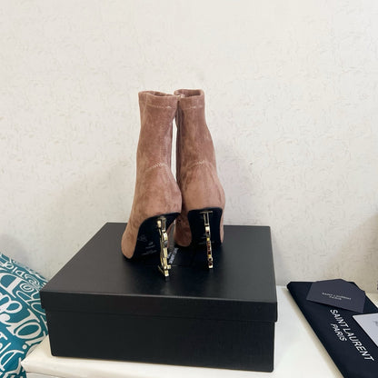 YSL 2025 Opyum 110mm Heel Ankle Boot Light Brown Suede 575012