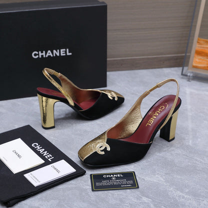 Chanel 2026 High-Heeled Slingback 85mm Black Gold Suede Leather 758409