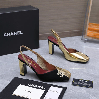 Chanel 2026 High-Heeled Slingback 85mm Black Gold Suede Leather 758409