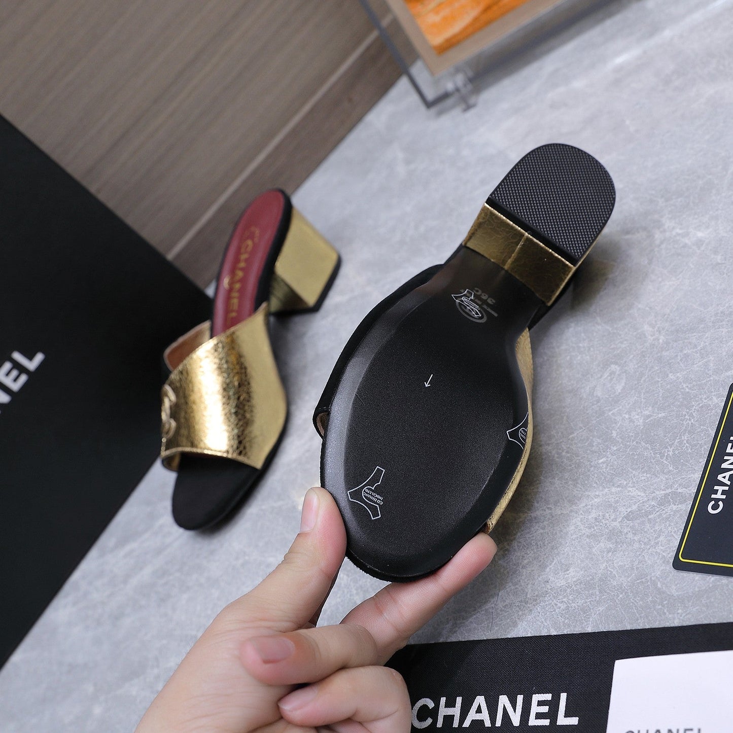 Chanel 2026 High-Heeled Sandals Black Gold Suede Leather 758417