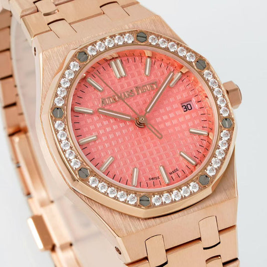 Audemars Piguet Royal Oak 34mm Pink Dial Pink Gold Case Diamond Bezel