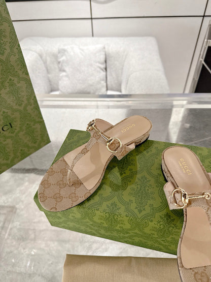 GC Horsebit Thong Sandals Beige Canvas Leather 292475