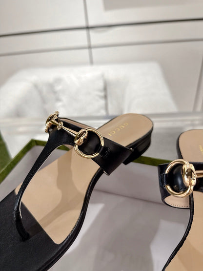 GC Horsebit Thong Sandals Black Leather 292477