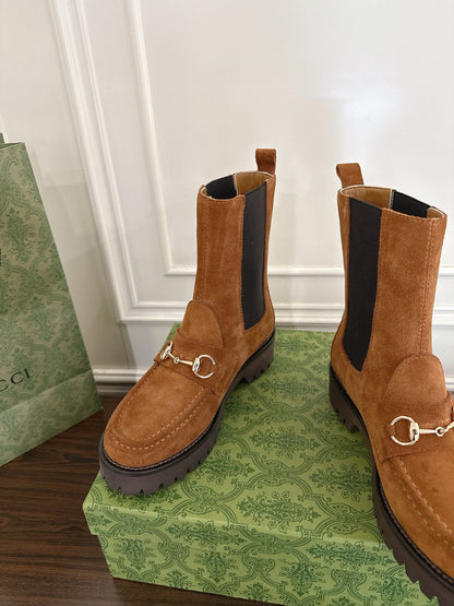 Gucci Horsebit Ankle Boots Brown Black Suede Sheepskin 490529