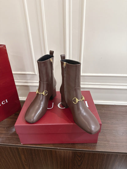 Gucci Horsebit Chunky Heel Ankle Boots Dark Brown Cowhide 490562