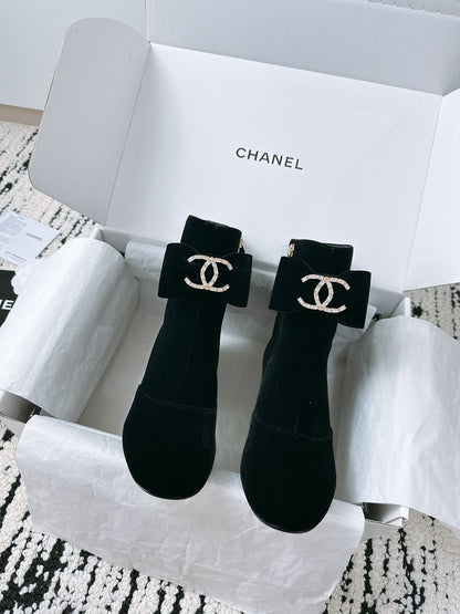 CC Ankle Boots In Black Velvet With Bow Tie 144659