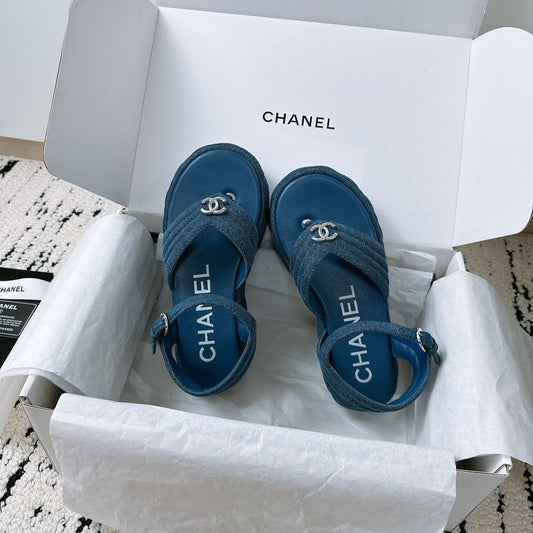 CC Sandals In Navy Blue Denim Fabric 144526