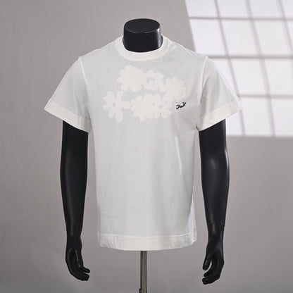 Fendi 2026 Men's  Floral Embroidered T-Shirt Cream Pure Cotton 827722