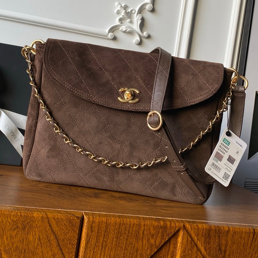 Chanel 2025 Messenger Bag 30cm Brown Suede Gold Hardware 321011