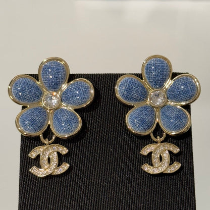 Chanel 2026 Denim Enamel Flower Crystal Light Gold Diamond Earrings
