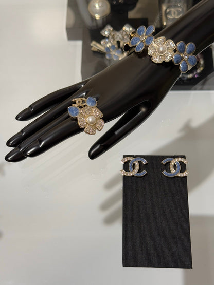 Chanel 2026 Light Gold Denim Patchwork Crystal Double C Stud Earrings