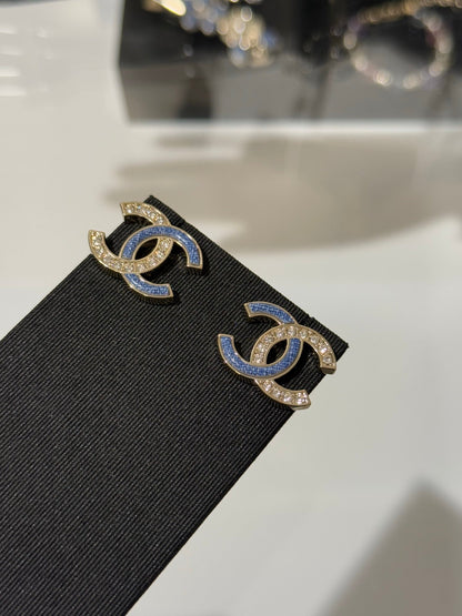 Chanel 2026 Light Gold Denim Patchwork Crystal Double C Stud Earrings