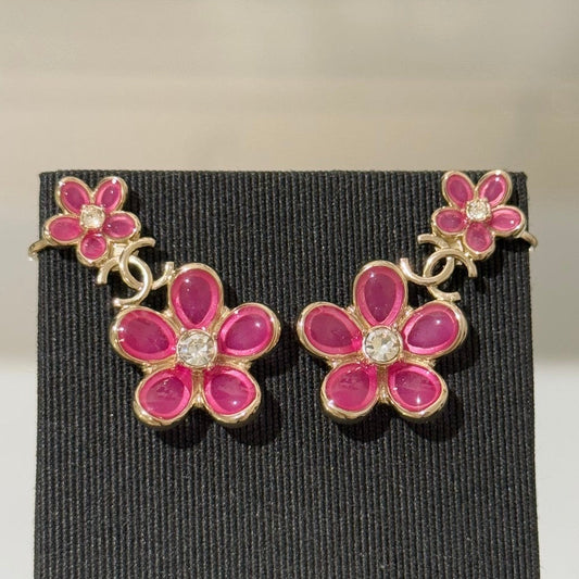 Chanel Pink Flower Crystal Rhinestone Double C Earrings