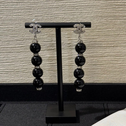 Chanel 2026 Silver Full Diamond Double C Black Bead Long Earrings