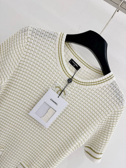Chanel 2026 Knitted Short-Sleeve Dress Off-white and Black Tencel Nylon