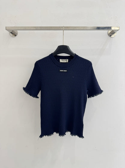 Miumiu 2026 Lace-trimmed Knit Short-sleeved Top Tencel Wool 179453