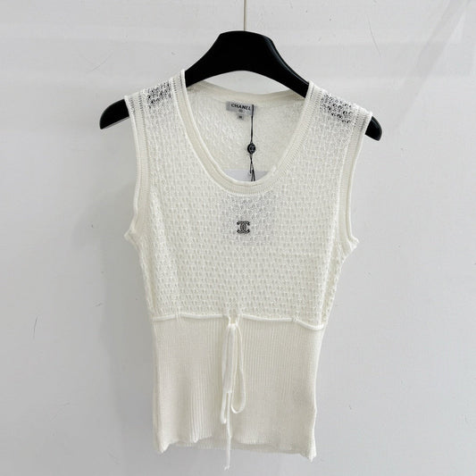Chanel 2026 Knit Sleeveless Top White Mesh Acrylic 294460