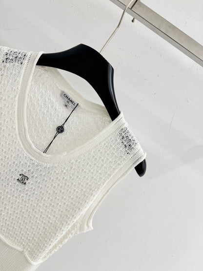 Chanel 2026 Knit Sleeveless Top White Mesh Acrylic 294460