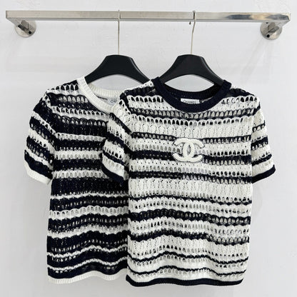 Chanel 2026 Black and White Striped Hollow-Out Knit Short-Sleeve Top Wool 330993