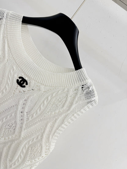 Chanel 2026 Hollow-Out Knitted Vest Blue and White Wool 336792