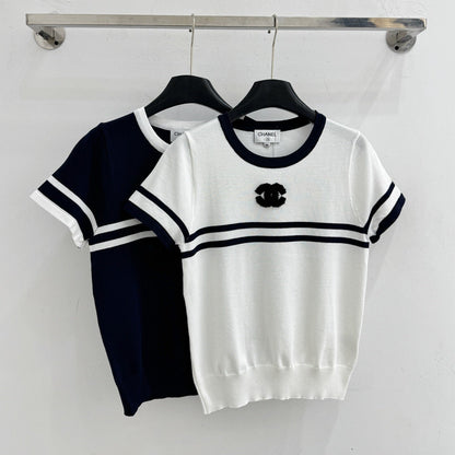 Chanel 2026 Striped Short-Sleeve Knit Top Wool Cashmere 516694