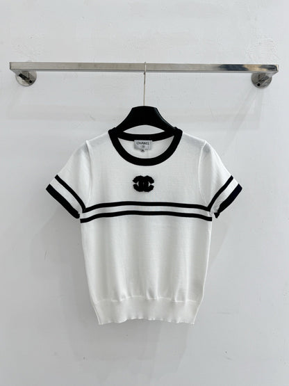 Chanel 2026 Striped Short-Sleeve Knit Top Wool Cashmere 516694