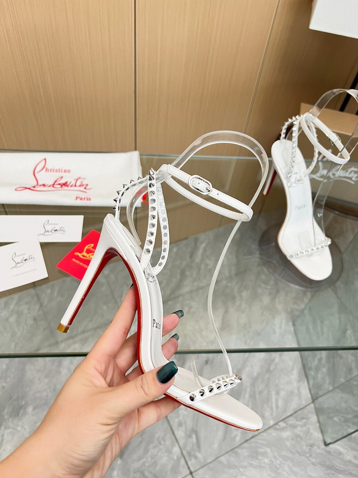 CL So Me 105 mm Strappy Sandal White Imported Rivets with Sheepskin 251018